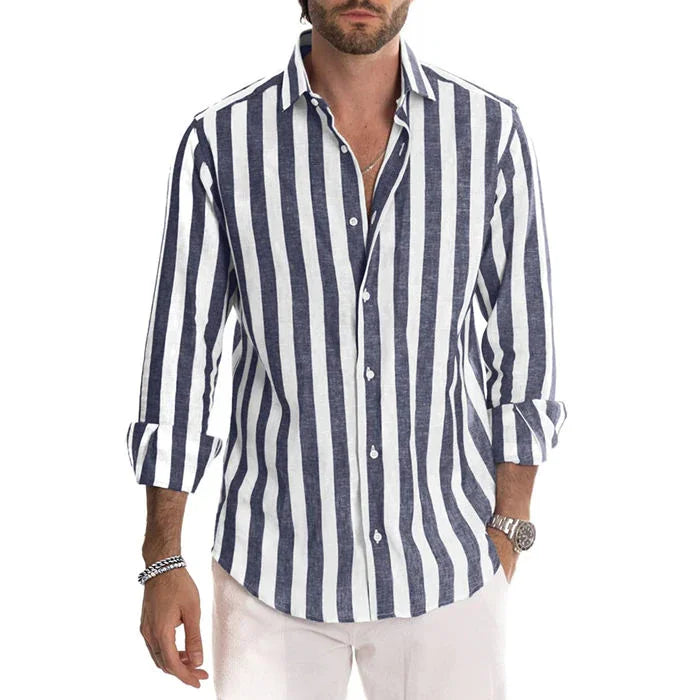 (50%OFF) The Best Gift For Husbands And Fathers-Men's Cotton Linen Striped Button Down Long Sleeve